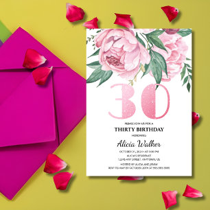 Glitter 30th Pink Peony Floral Greenery Birthday  Invitation