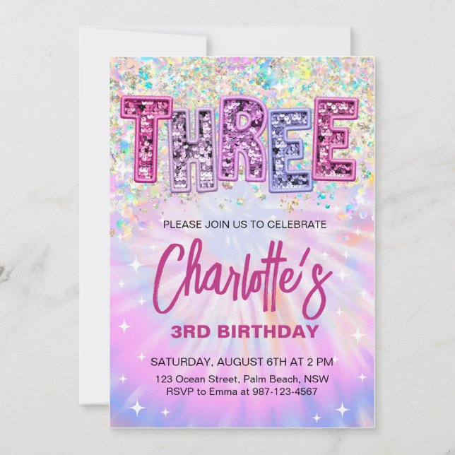 Glitter 3rd Birthday Invitation Sparkly Three (Front)