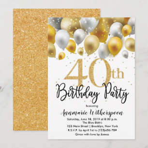 Glitter 40th Birthday Invitation Gold Balloons