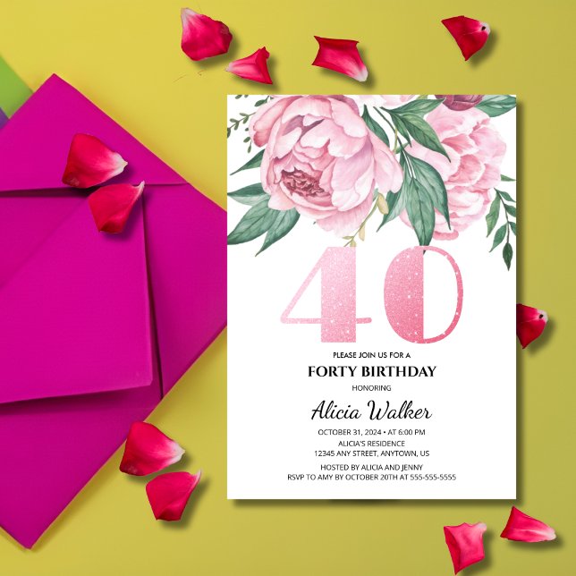 Glitter 40th Pink Peony Floral Greenery Birthday  Invitation (Creator Uploaded)