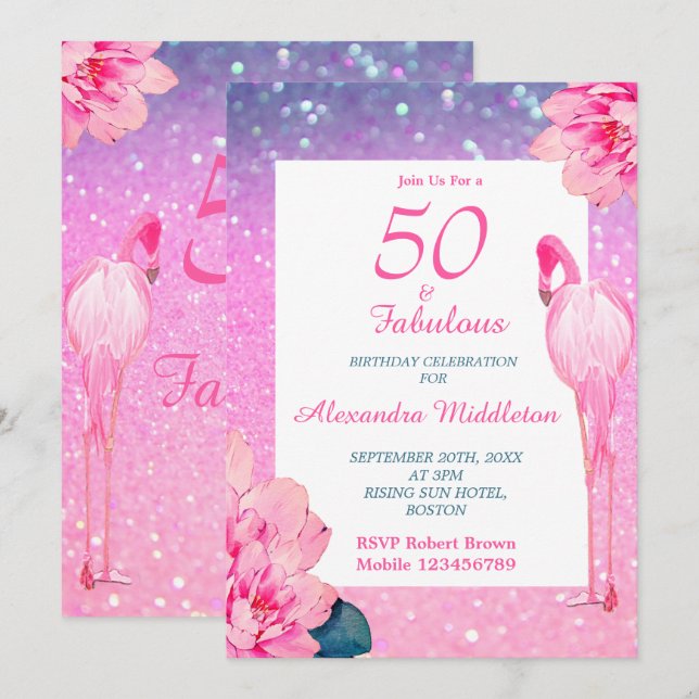Glitter 50 Fabulous Flamingo Pink Floral Birthday Invitation (Front/Back)