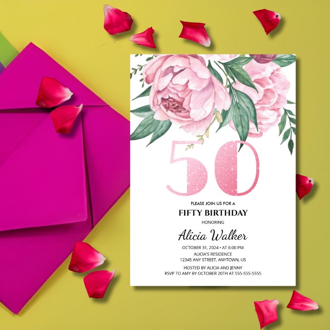 Glitter 50th Pink Peony Floral Greenery Birthday  Invitation (Creator Uploaded)