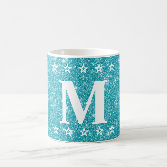 Glitter 5 Star Teal Blue Custom Monogram Beverage Coffee Mug (Center)