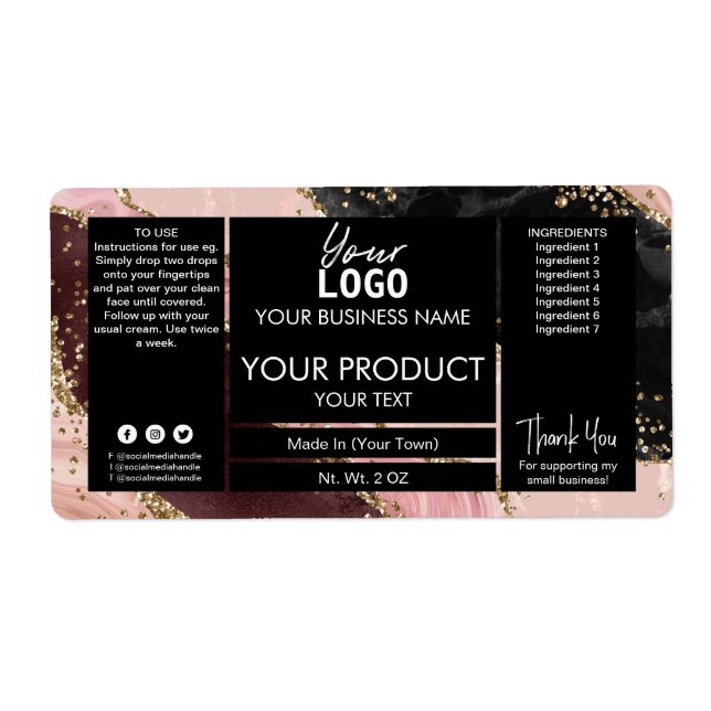 Glitter Agate Black And Rose Gold Product Labels (Front)