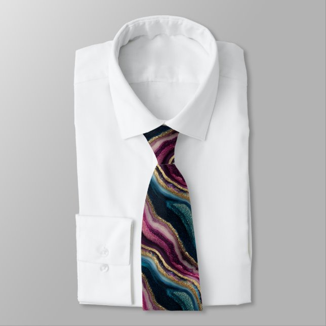 Glitter Agate Pink Cyan Neck Tie (Tied)