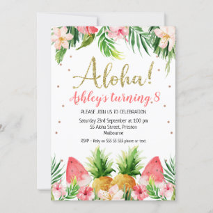 Glitter Aloha Tropical Floral And Fruit Birthday Invitation