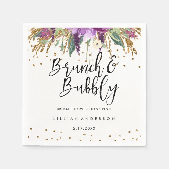 Glitter Amethyst Brunch and Bubbly Bridal Shower Napkin (Front)