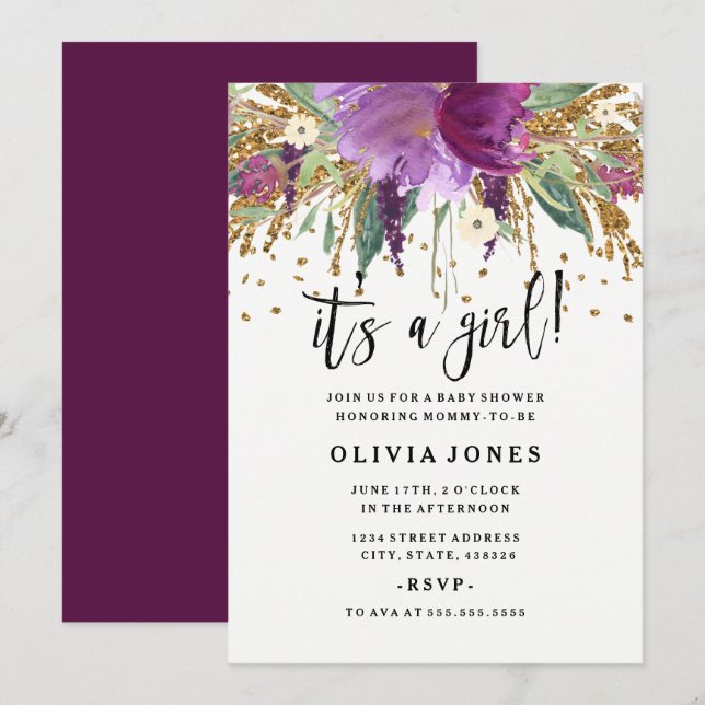 Glitter Amethyst Girl Baby Shower Invitation (Front/Back)