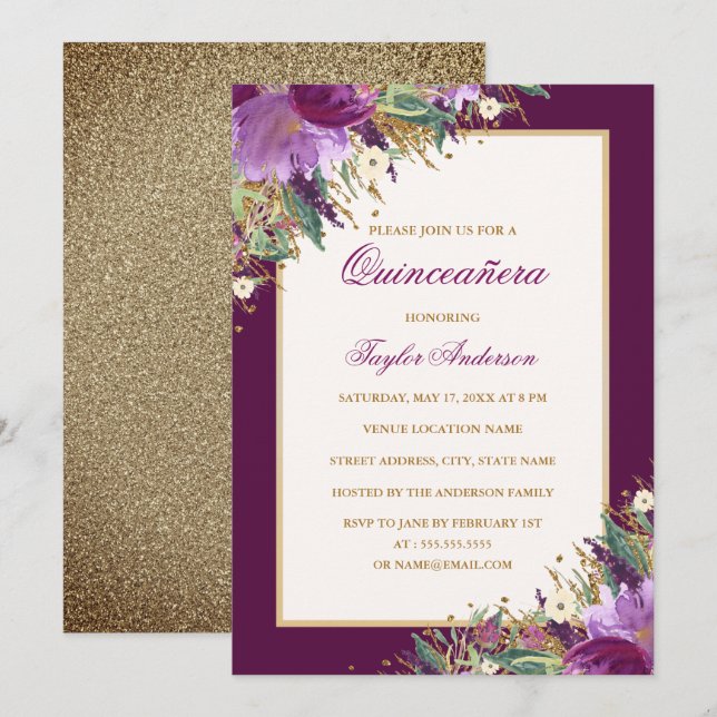 Glitter Amethyst Gold Purple Floral Quinceanera Invitation (Front/Back)