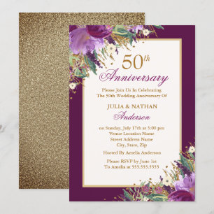 Glitter Amethyst Purple Floral 50th Anniversary Invitation