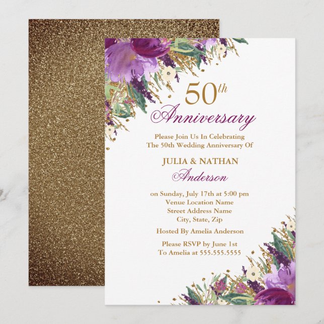 Glitter Amethyst Purple Floral 50th Anniversary Invitation (Front/Back)