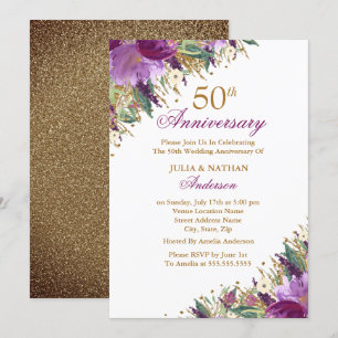 Glitter Amethyst Purple Floral 50th Anniversary Invitation