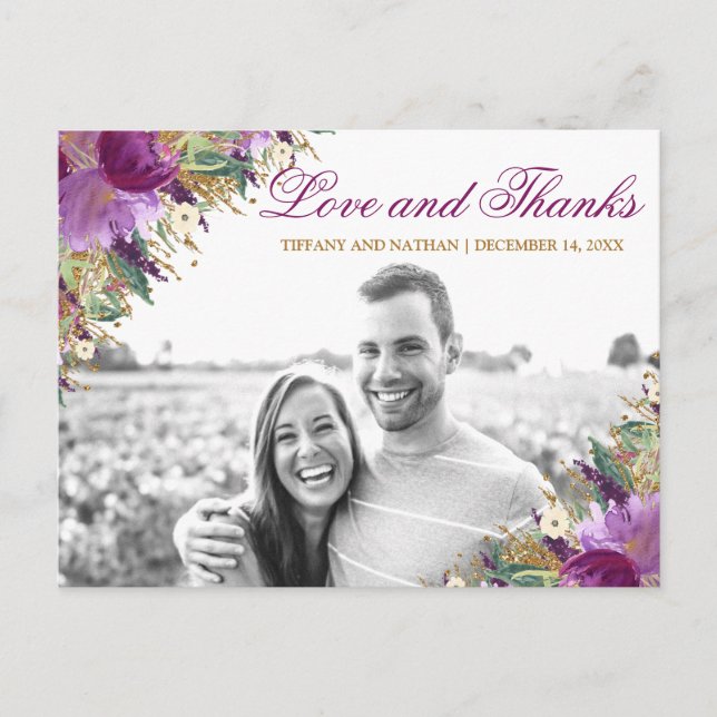 Glitter Amethyst Purple Photo Thank You Postcard (Front)