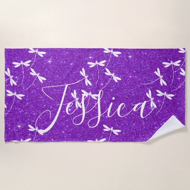 Glitter and dragonflies personalised  beach towel (Front)