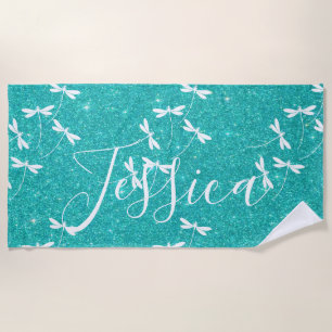Glitter and dragonflies personalised beach towel