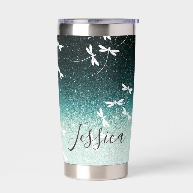Glitter and dragonflies personalised insulated tumbler (Left)