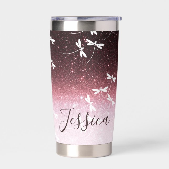 Glitter and dragonflies personalised insulated tumbler (Left)