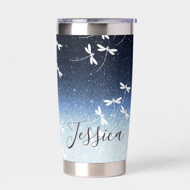 Glitter and dragonflies personalised insulated tumbler (Left)