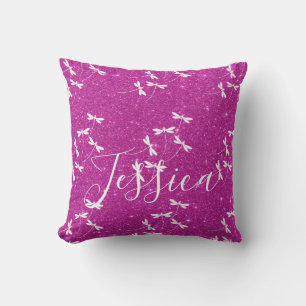 Glitter and dragonflies personalised throw pillow