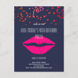 Glitter And Glam Confetti & Lips On Black Invitation Postcard