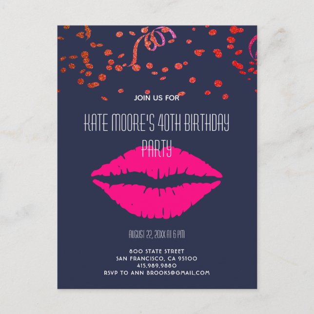 Glitter And Glam Confetti & Lips On Black Invitation Postcard (Front)