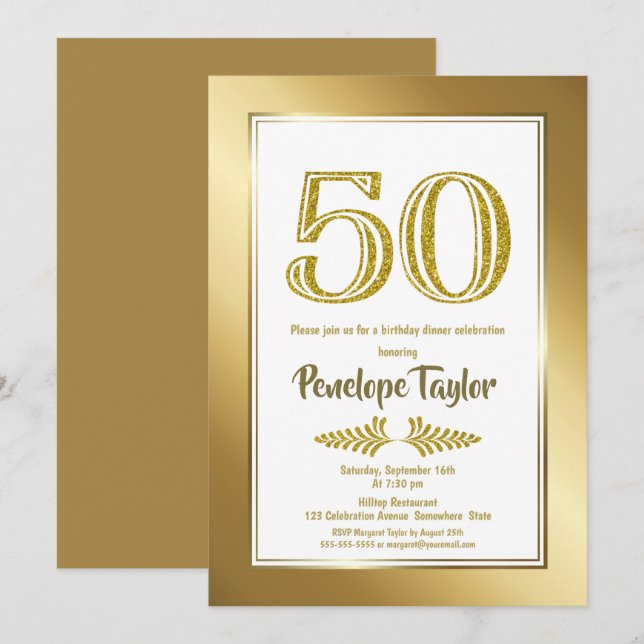 Glitter and Gold 50th Birthday Dinner Party Invitation (Front/Back)