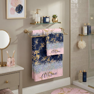 Glitter and marble personalised bath towel set