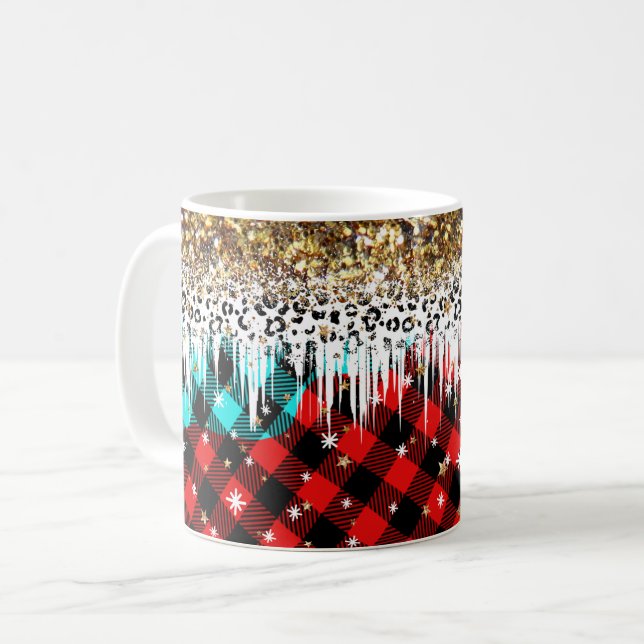 Glitter and Plaid Pattern with Sparkling Snowflake Coffee Mug (Front Left)