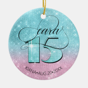 Glitter and Shine Quinceanera Teal/Pink ID701 Ceramic Tree Decoration