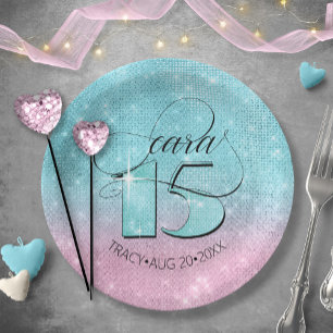 Glitter and Shine Quinceanera Teal/Pink ID701 Paper Plate