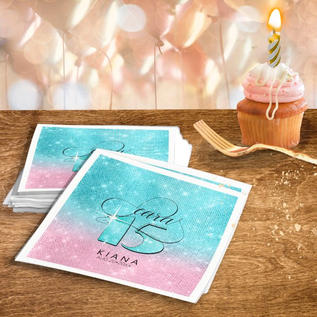 Glitter and Shine Quinceanera V1 Teal/Pink ID701 Napkin (Creator Uploaded)