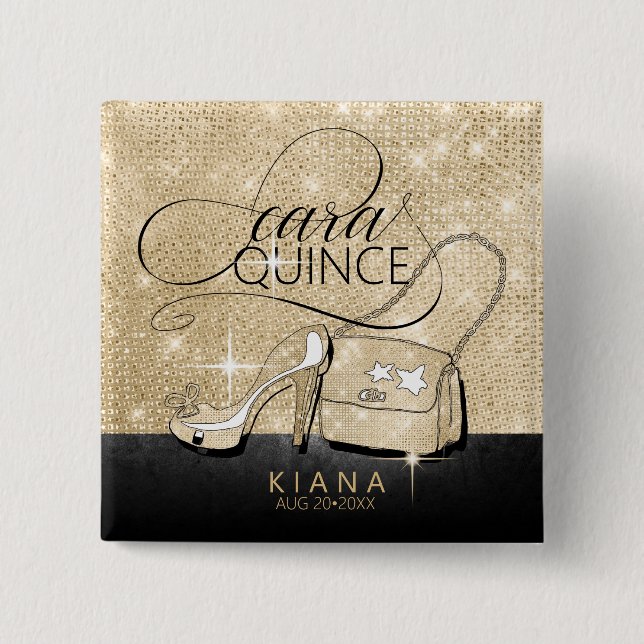 Glitter and Shine Quinceanera V2 Black/Gold ID701 15 Cm Square Badge (Front)