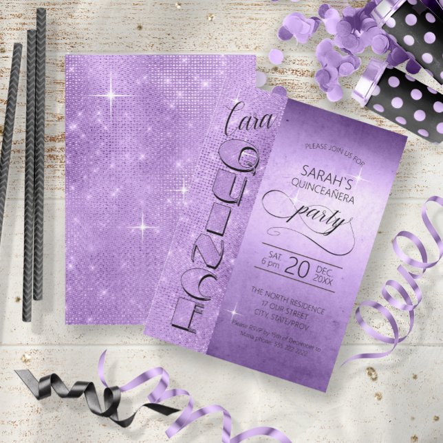 Glitter and Shine Quinceanera Violet ID701 Invitation (Front/Back In Situ)