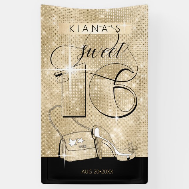 Glitter and Shine Sweet 16 Black/Gold Vert ID675 Banner (Vertical)
