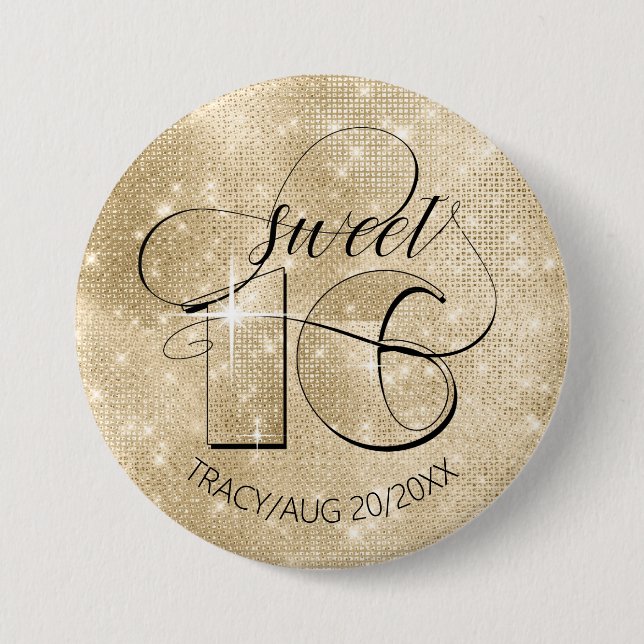 Glitter and Shine Sweet 16 Gold ID675 7.5 Cm Round Badge (Front)