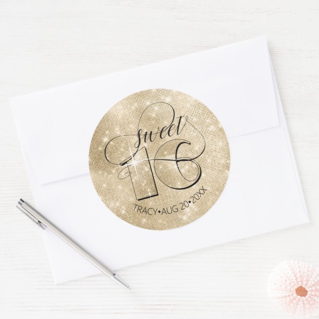 Glitter and Shine Sweet 16 Gold ID675 Classic Round Sticker (Envelope)