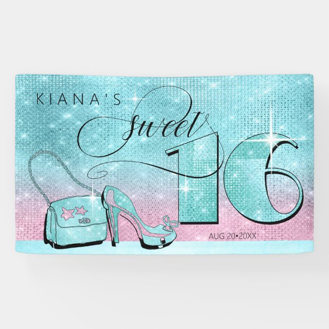 Glitter and Shine Sweet 16 Teal/Pink Hor ID675 Banner (Horizontal)