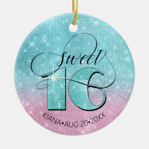 Glitter and Shine Sweet 16 Teal/Pink ID675 Ceramic Tree Decoration