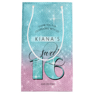 Glitter and Shine Sweet 16 Teal/Pink ID675 Small Gift Bag