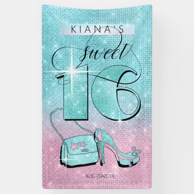 Glitter and Shine Sweet 16 Teal/Pink Vert ID675 Banner (Vertical)