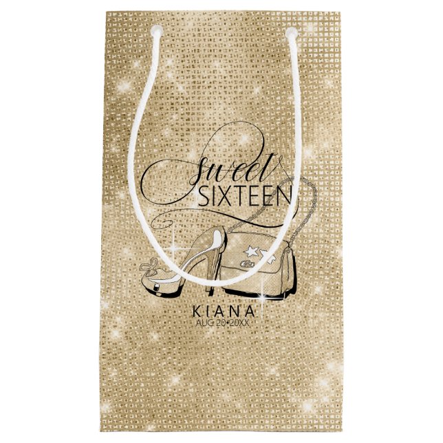 Glitter and Shine Sweet 16 V2 Gold ID675 Small Gift Bag (Front)
