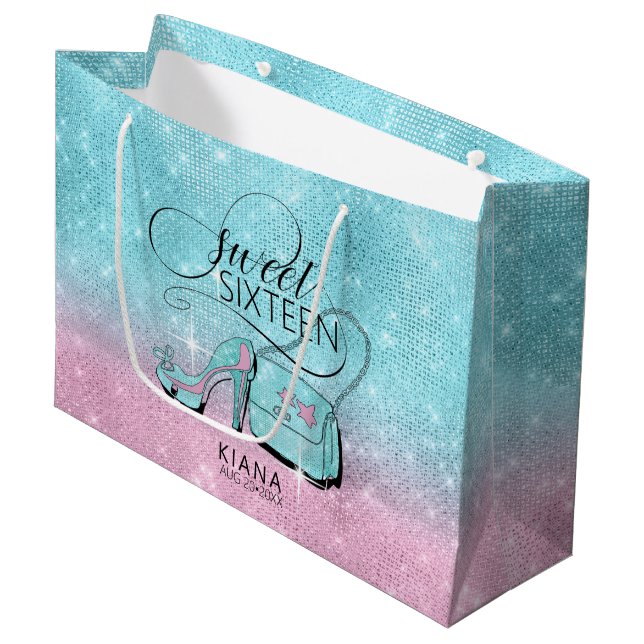 Glitter and Shine Sweet 16 V2 Teal/Pink ID675 Large Gift Bag (Front Angled)