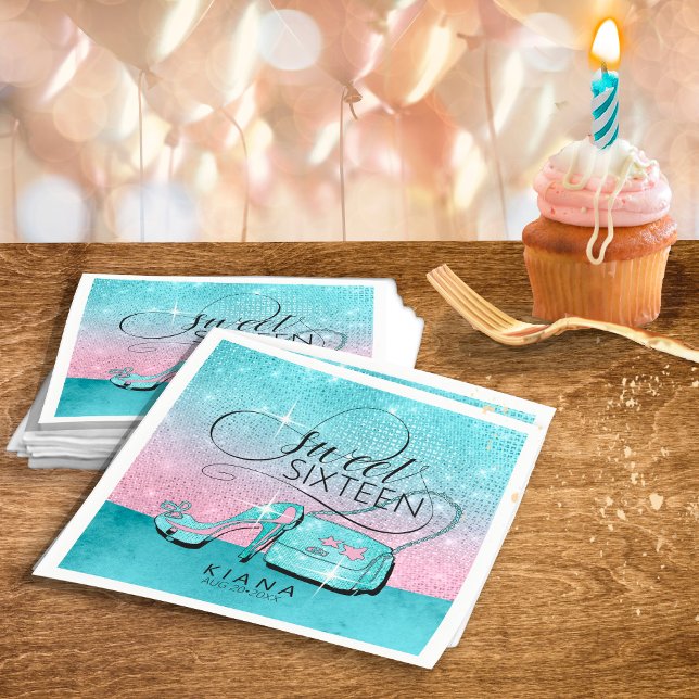 Glitter and Shine Sweet 16 V2 Teal/Pink ID675 Napkin (Creator Uploaded)