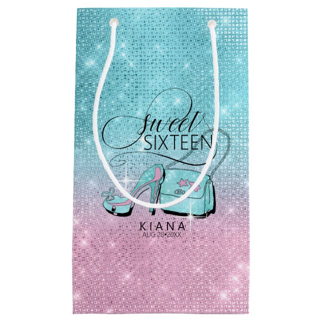 Glitter and Shine Sweet 16 V2 Teal/Pink ID675 Small Gift Bag (Front)