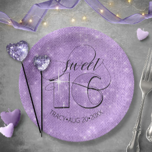 Glitter and Shine Sweet 16 Violet ID675 Paper Plate