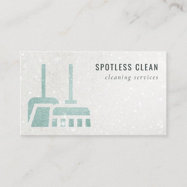 Glitter Aqua Blue Teal Broom Cleaning Service Business Card (Front)