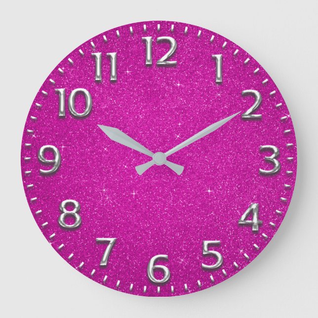Glitter Arabic Number Metal Grey Fuchsia Pink Large Clock (Front)