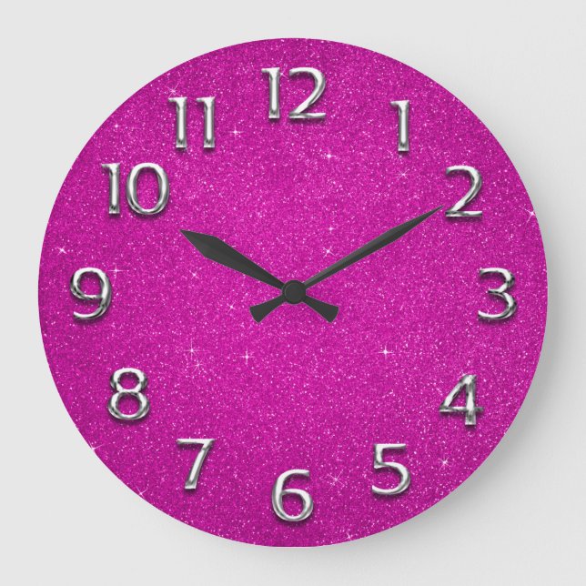Glitter Arabic Numbers Grey Fuchsia Pink Spark Large Clock (Front)
