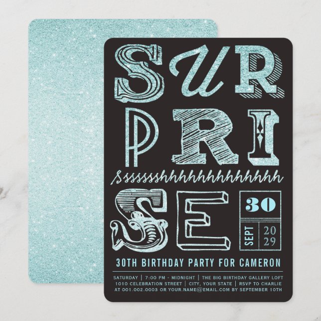Glitter Art Deco Surprise Party Birthday Invite (Front/Back)
