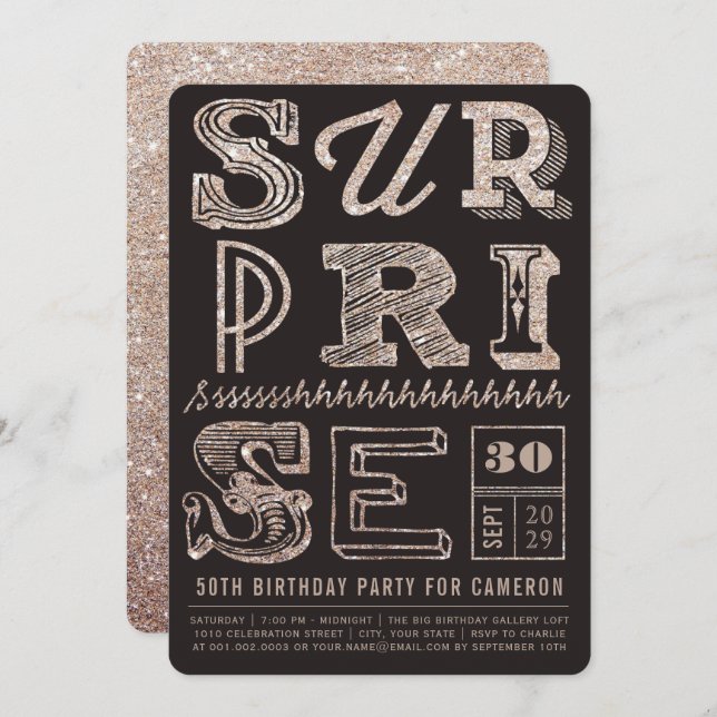 Glitter Art Deco Surprise Party Birthday Invite (Front/Back)